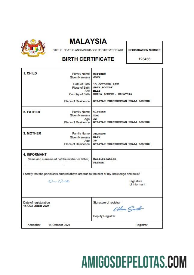 Imprimível modelo Word e PDF de certidão de nascimento de registro vital da Malásia, totalmente editável